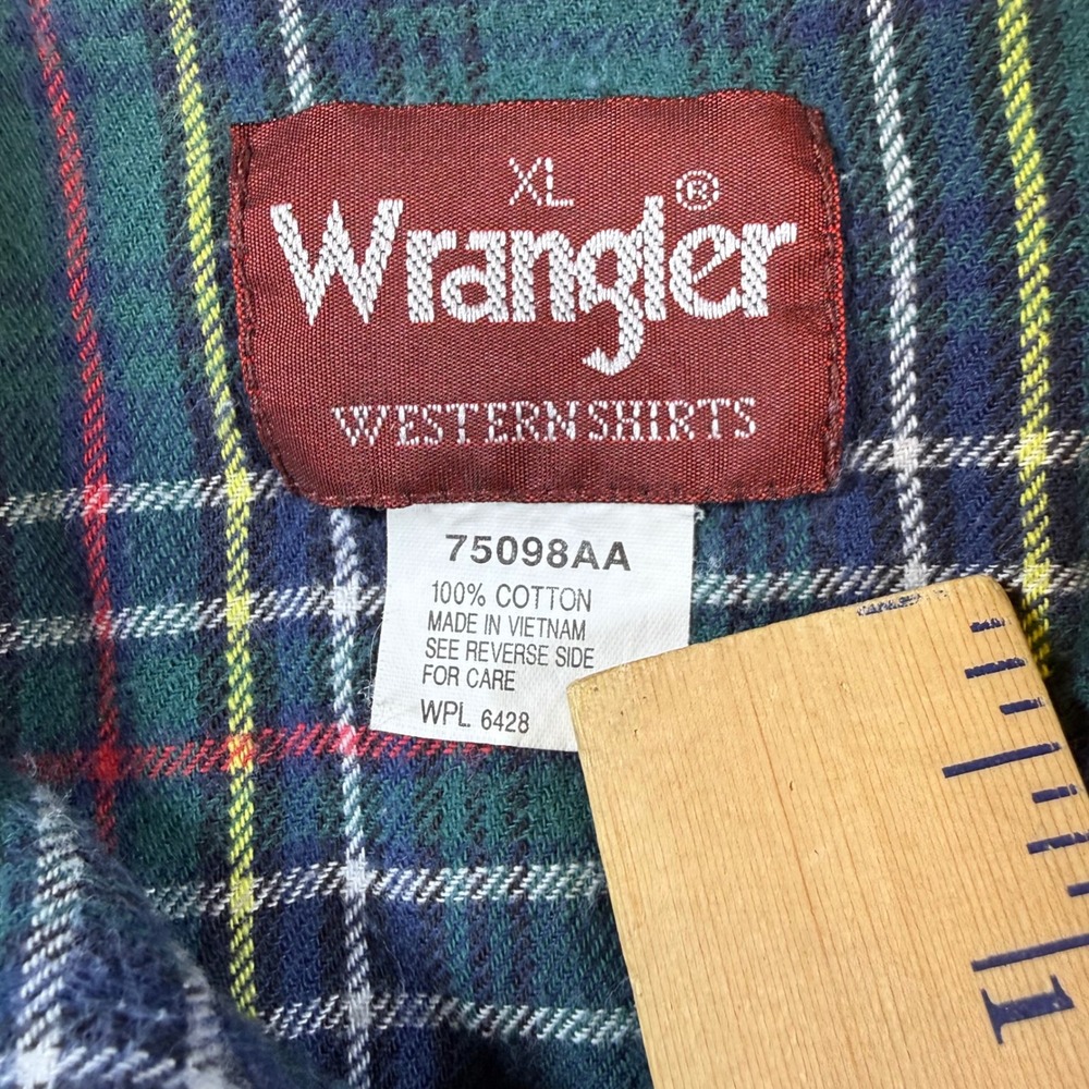 Wrangler Western Shirts Mens XL Green Plaid Pearl Snap Flannel, vintage, cowboy - Picture 2 of 5